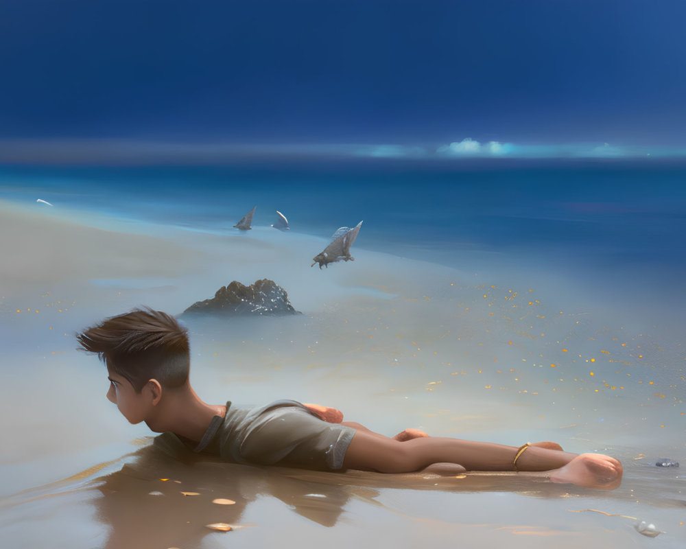 Boy on sandy shore gazes at distant rock and birds with fantastical elements.