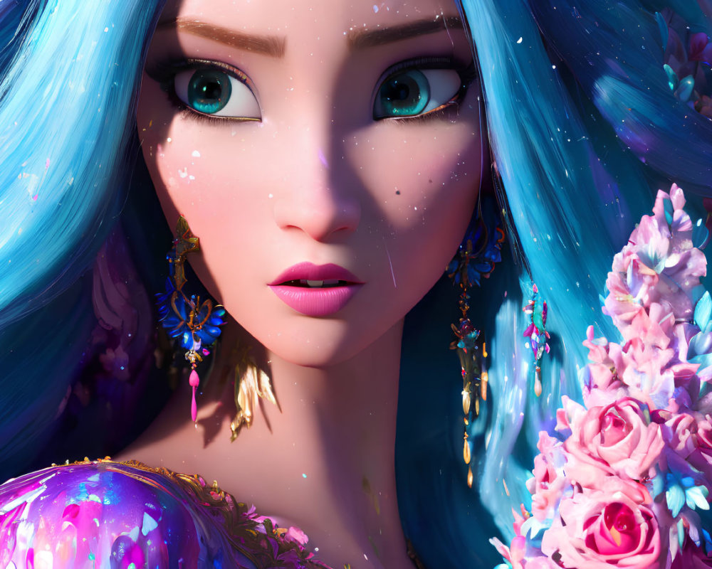 Detailed Close-up of Female Animated Character with Blue Hair and Pink Flowers