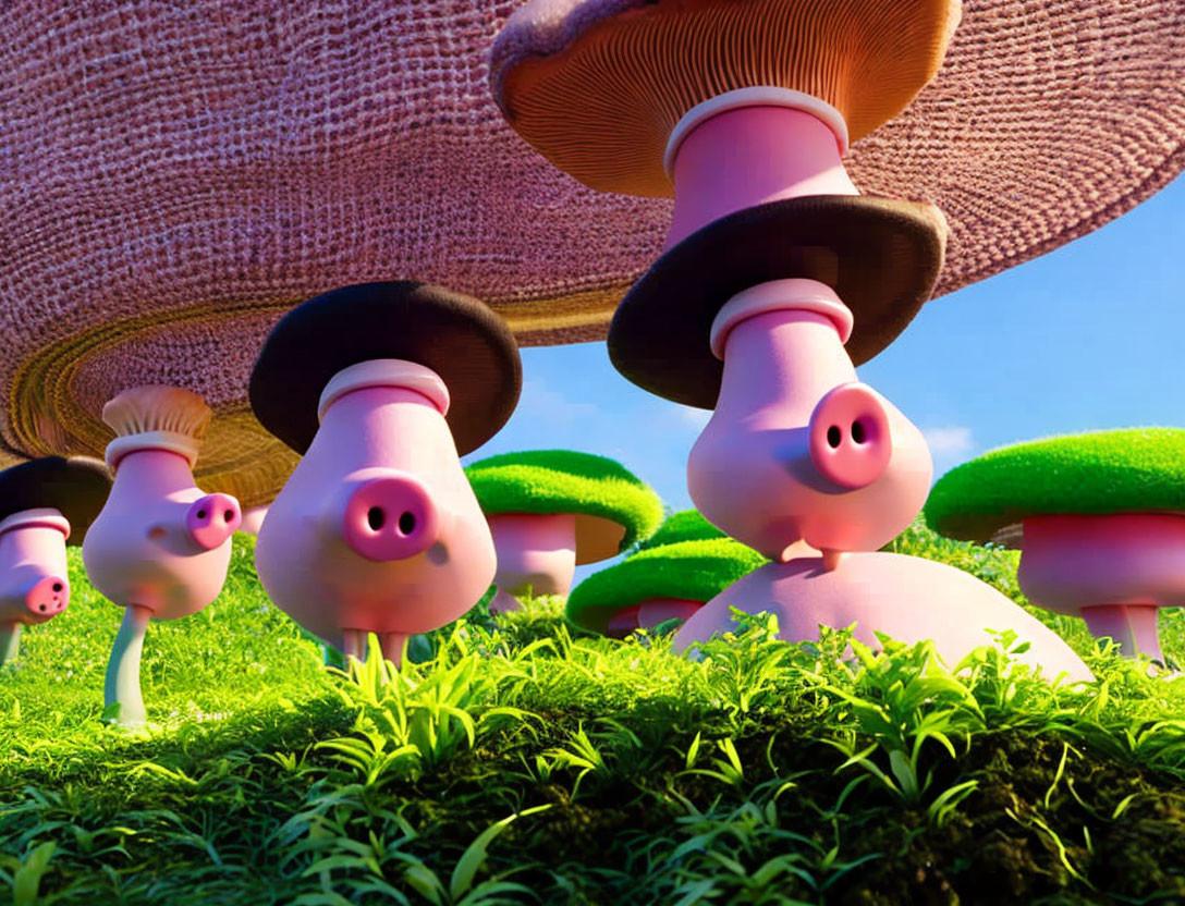 Colorful Mushroom Characters with Faces and Hats in Grass Landscape