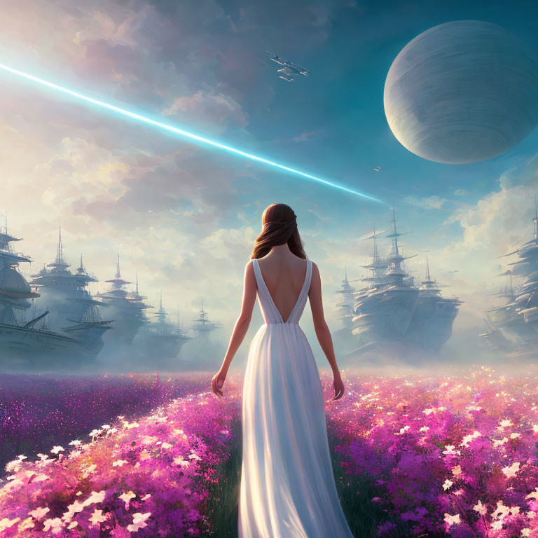 Woman in white dress gazes at airships & planet in futuristic scene