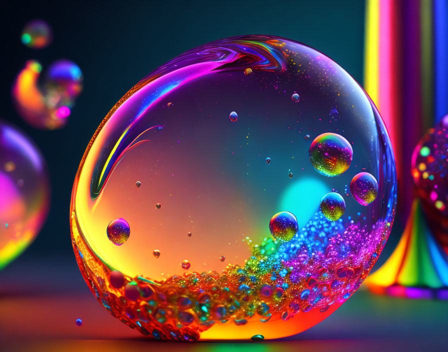 Colorful Iridescent Bubble with Swirling Colors on Dark Background