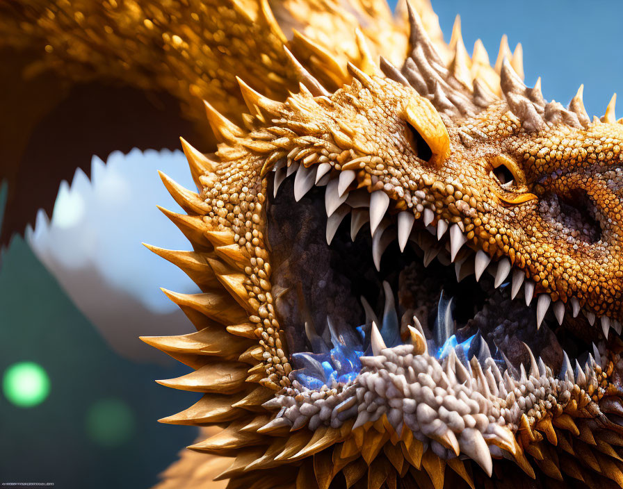 Detailed close-up of fierce dragon with golden scales and blue flames.