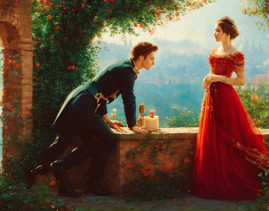 Military man in uniform bows to lady in red dress by stone balustrade