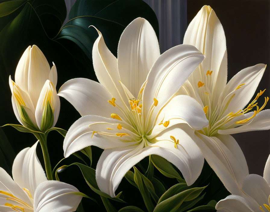 Close-Up of Vibrant White Lilies with Prominent Stamens and Lush Green Leaves