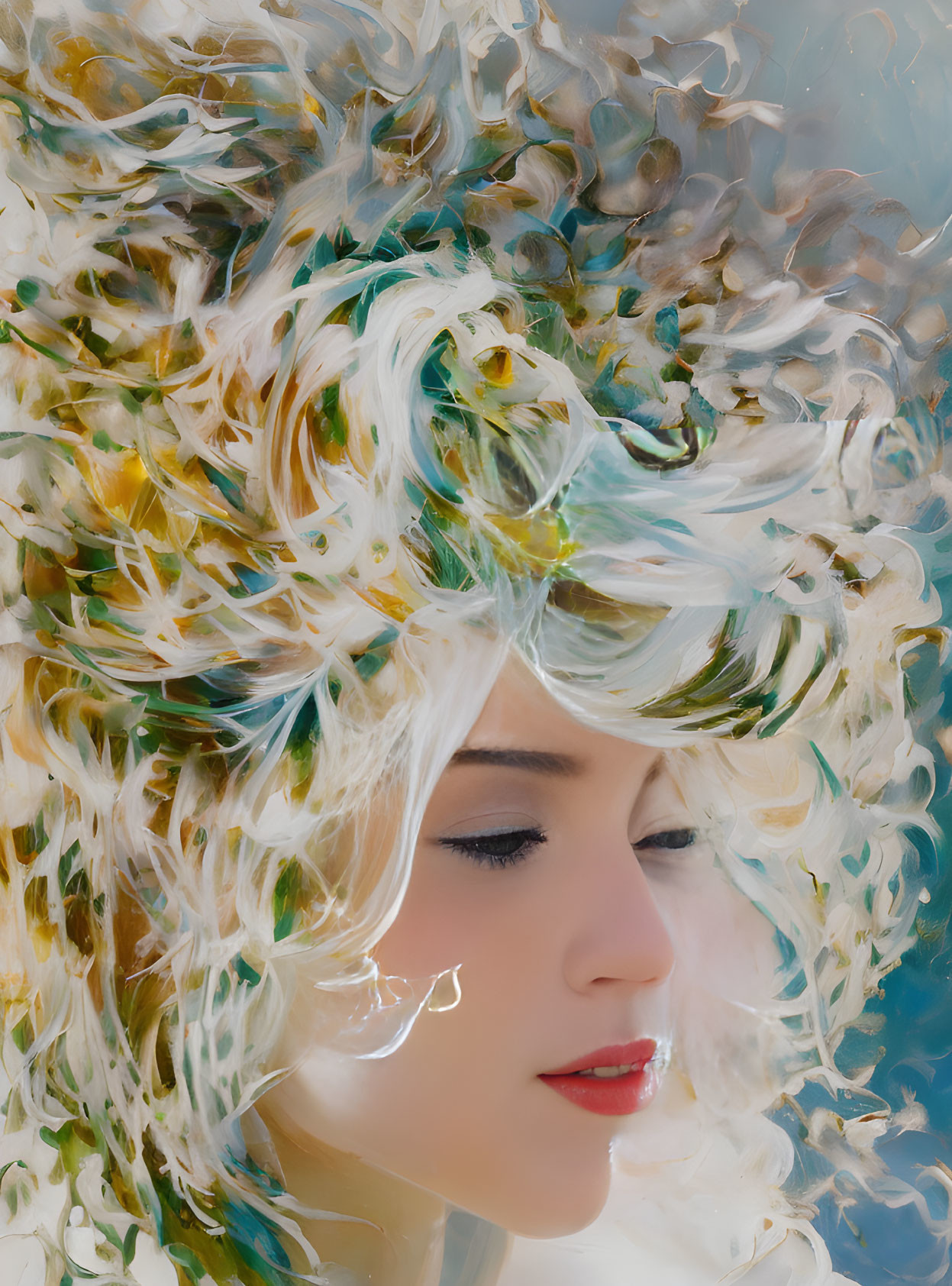 Blonde woman portrait with swirling paint-like textures in white, gold, and green tones