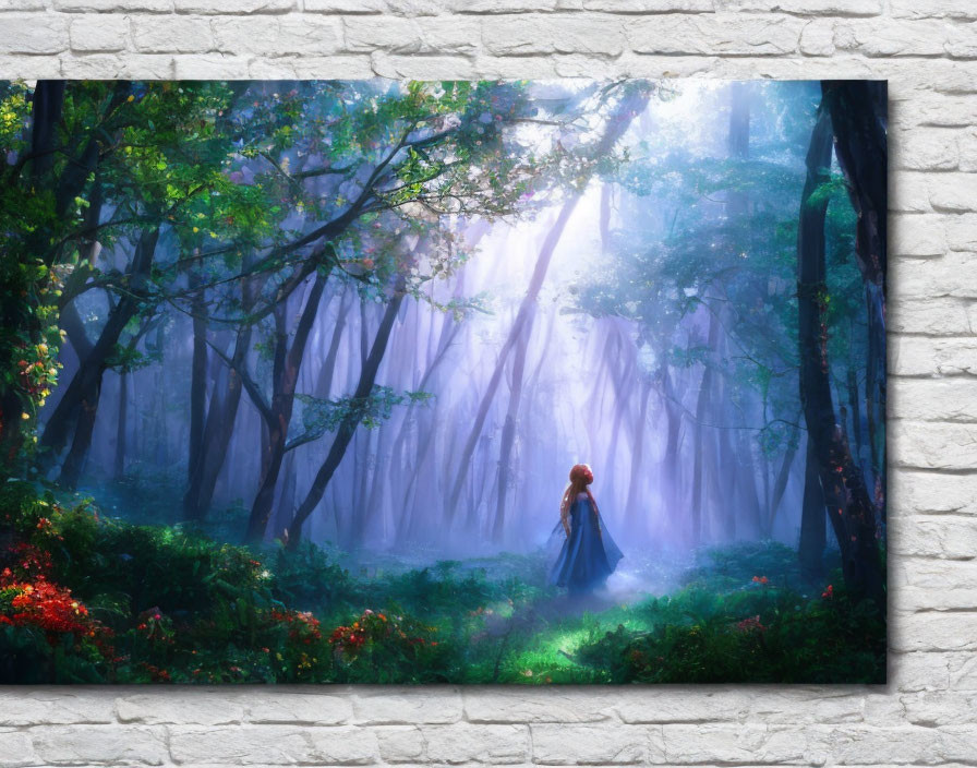 Mystical forest canvas print with figure in red cloak