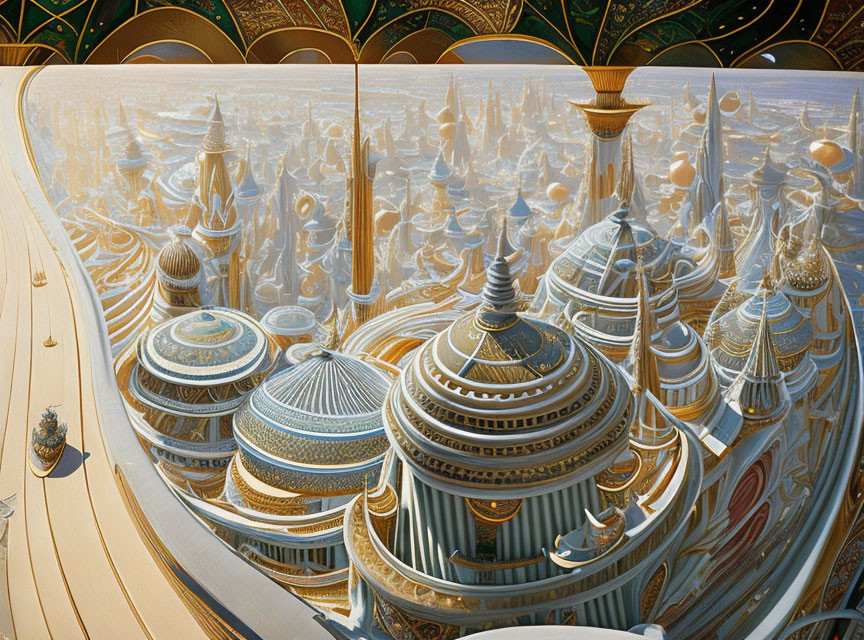 Fantastical White and Gold Architectural Landscape with Intricate Domes and Spires