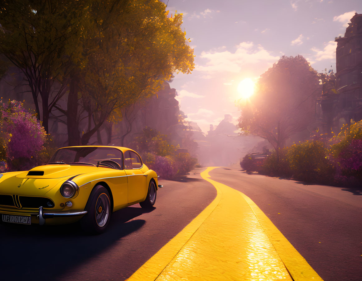 Vintage Yellow Car Parked on Road with Sunset Sky and Purple Flowers