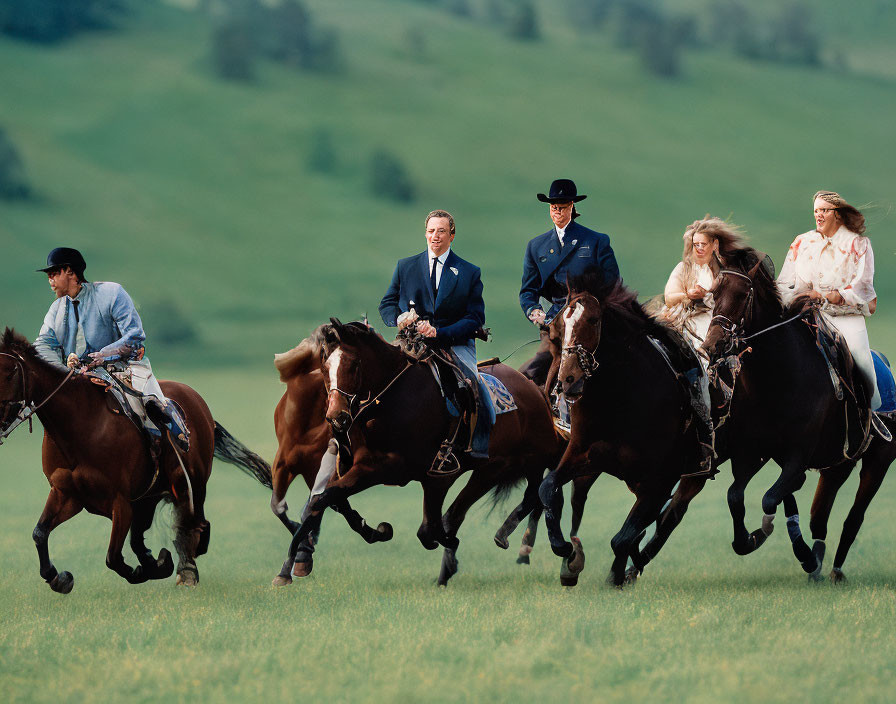 Five horseback riders crossing grassy field with rolling hills