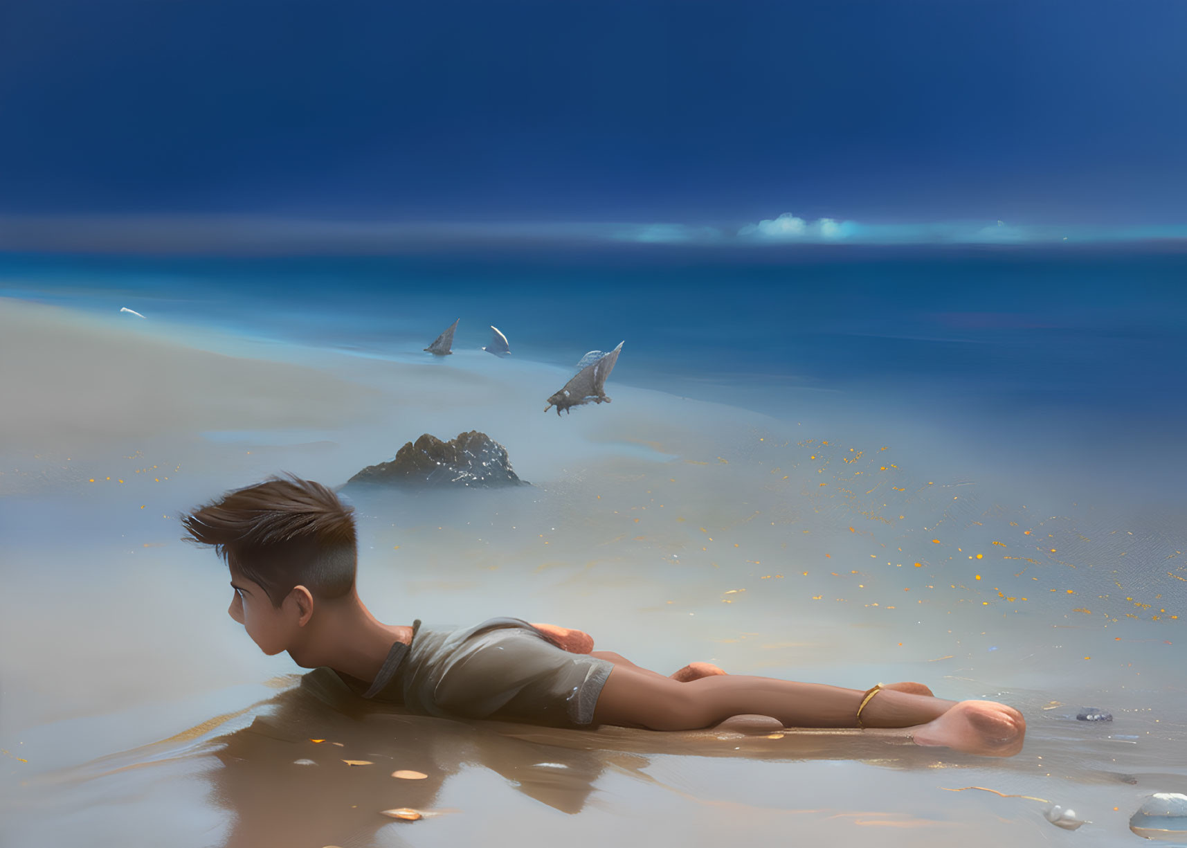 Boy on sandy shore gazes at distant rock and birds with fantastical elements.