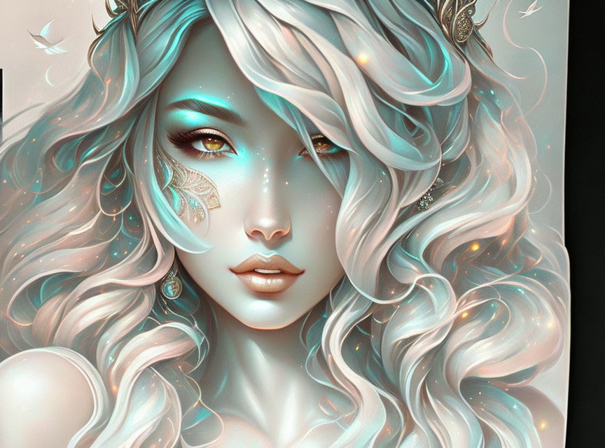 Illustration of woman with turquoise wavy hair and green eyes with gold makeup and butterflies.