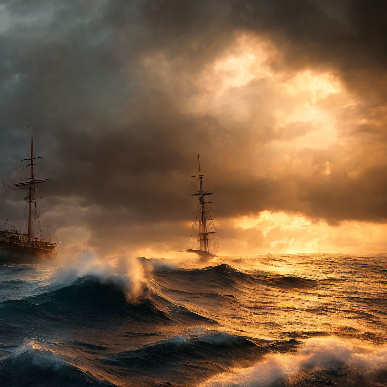 Sailing ships on tumultuous seas under dramatic sky with sun piercing through clouds