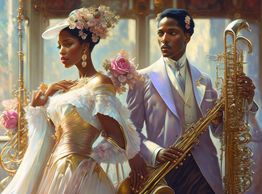 Vintage Attired Couple in Lavish Room with Flowers and Saxophone