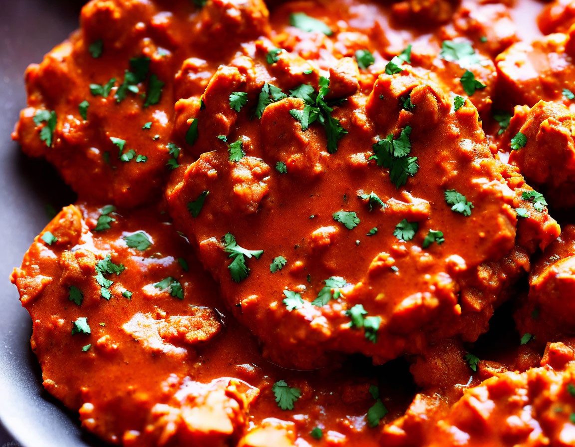 Vibrant red curry with meat chunks and coriander in dark bowl