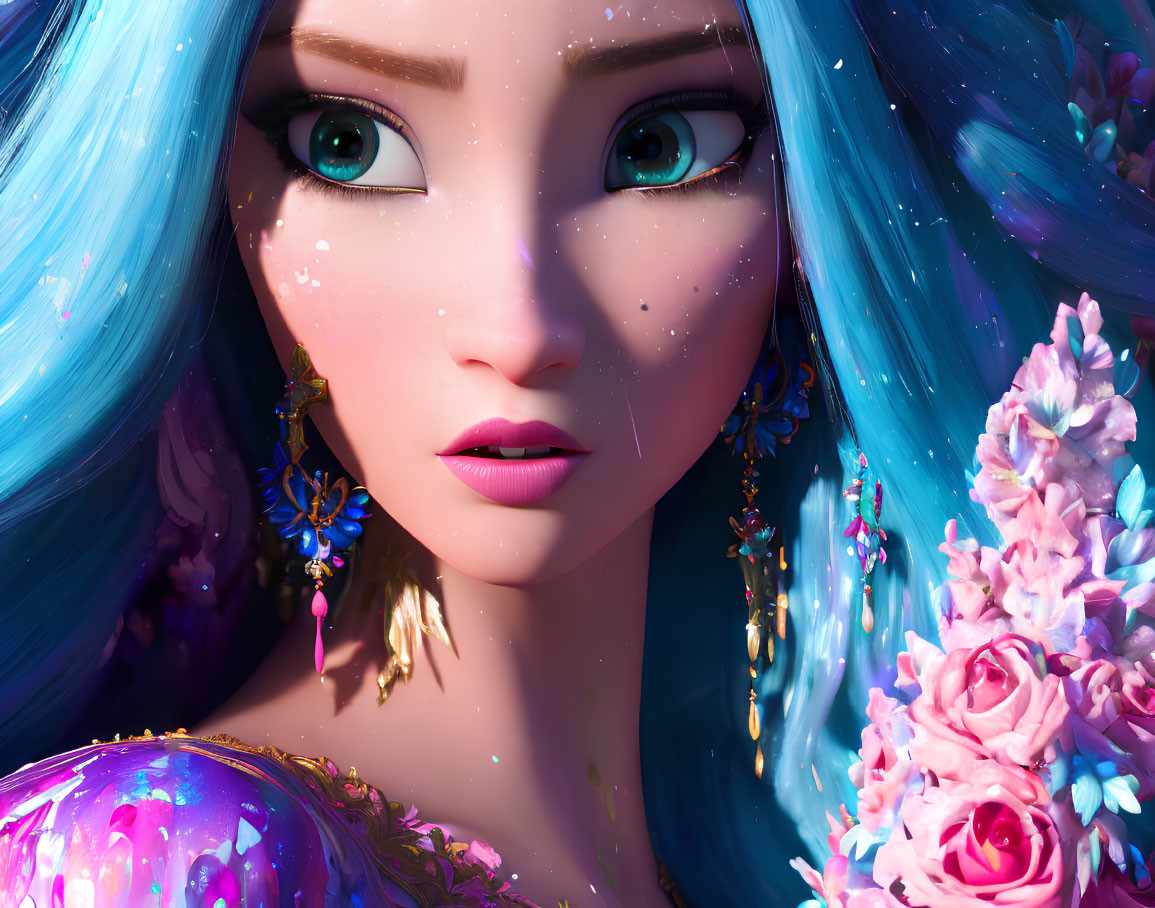 Detailed Close-up of Female Animated Character with Blue Hair and Pink Flowers