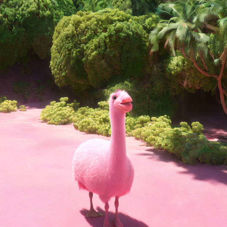 Pink fluffy ostrich-like creature in lush green setting