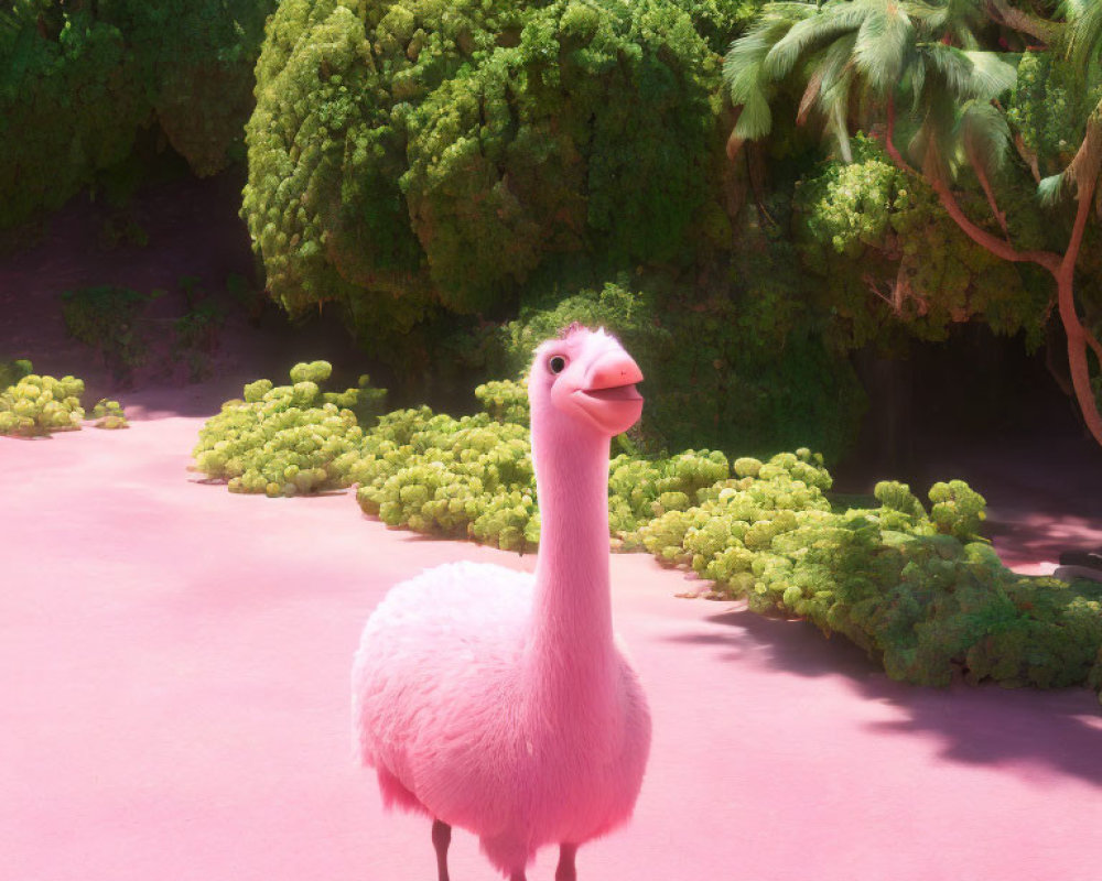 Pink fluffy ostrich-like creature in lush green setting