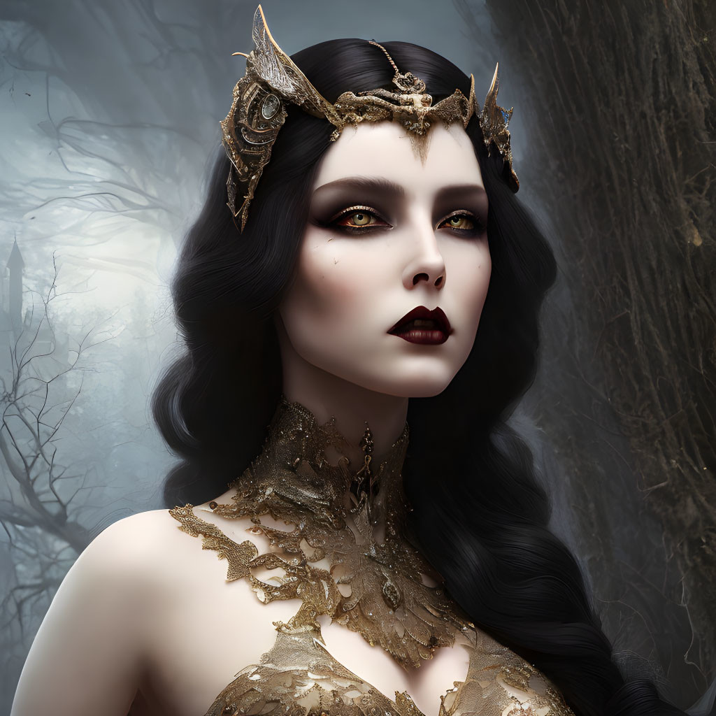 Gothic makeup woman portrait with golden crown in misty forest