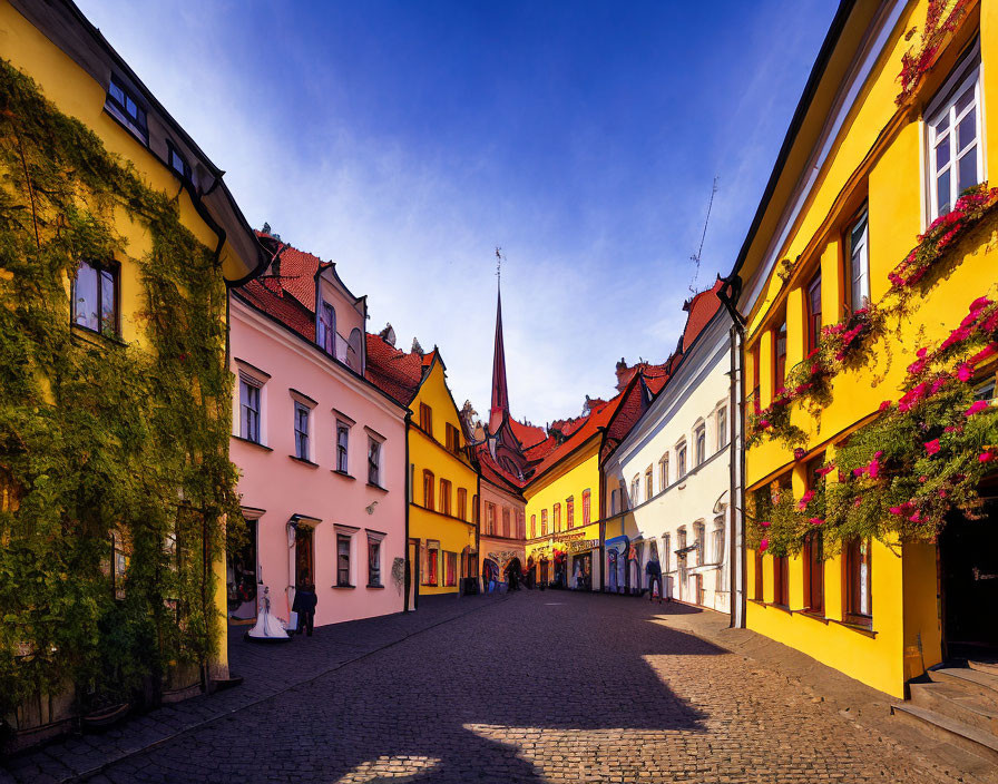 Colorful European Cobblestone Street with Flower-Adorned Buildings