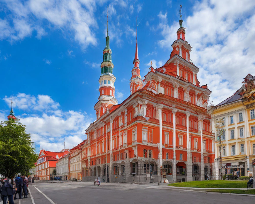 Baroque-style red building with green spires in classic architecture scene