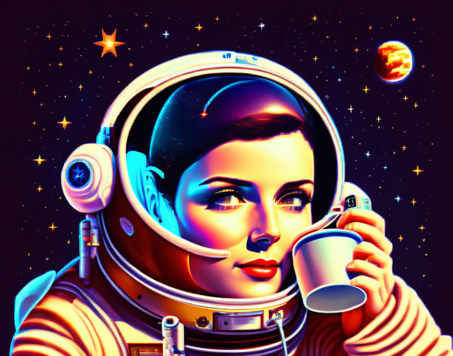 Illustrated retro-futuristic astronaut enjoying a beverage in space scene