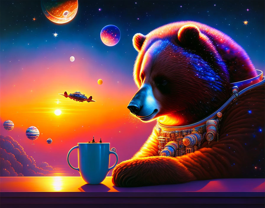 Colorful Bear Astronaut Illustration with Planets and Spaceship in Twilight Sky