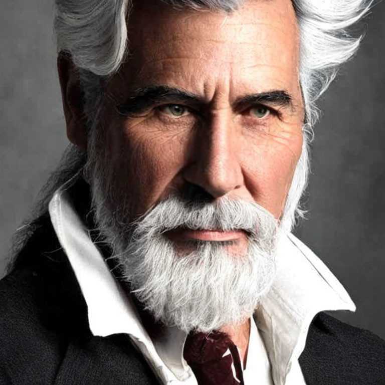 Elderly man portrait with white hair, beard, and intense gaze