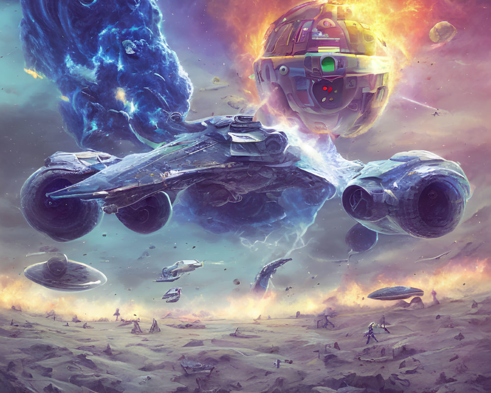 Futuristic sci-fi scene with spacecrafts over alien landscape