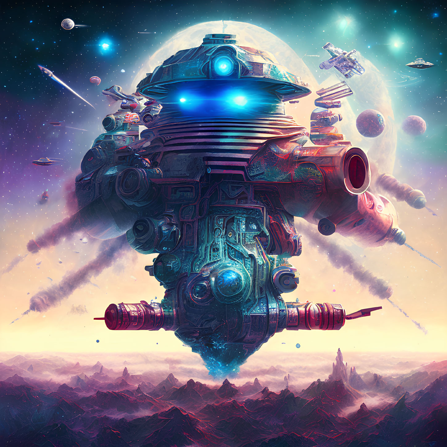 Futuristic spaceship hovering over alien landscape with glowing engines