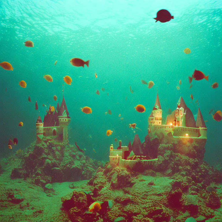 Underwater fairytale castle scene with fish and greenish hue