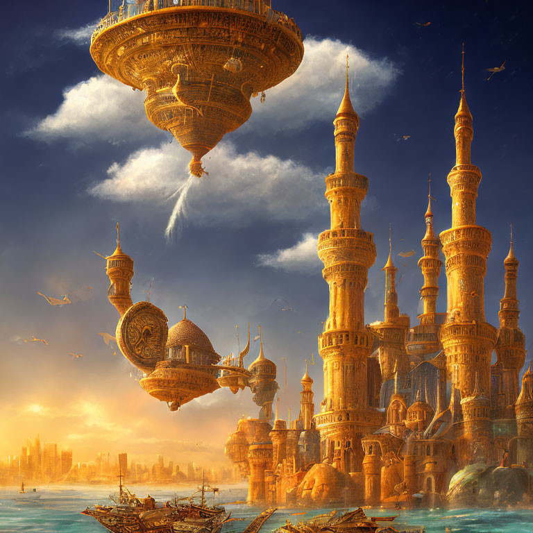 Fantastical cityscape with towering spires and floating islands above a sunlit harbor