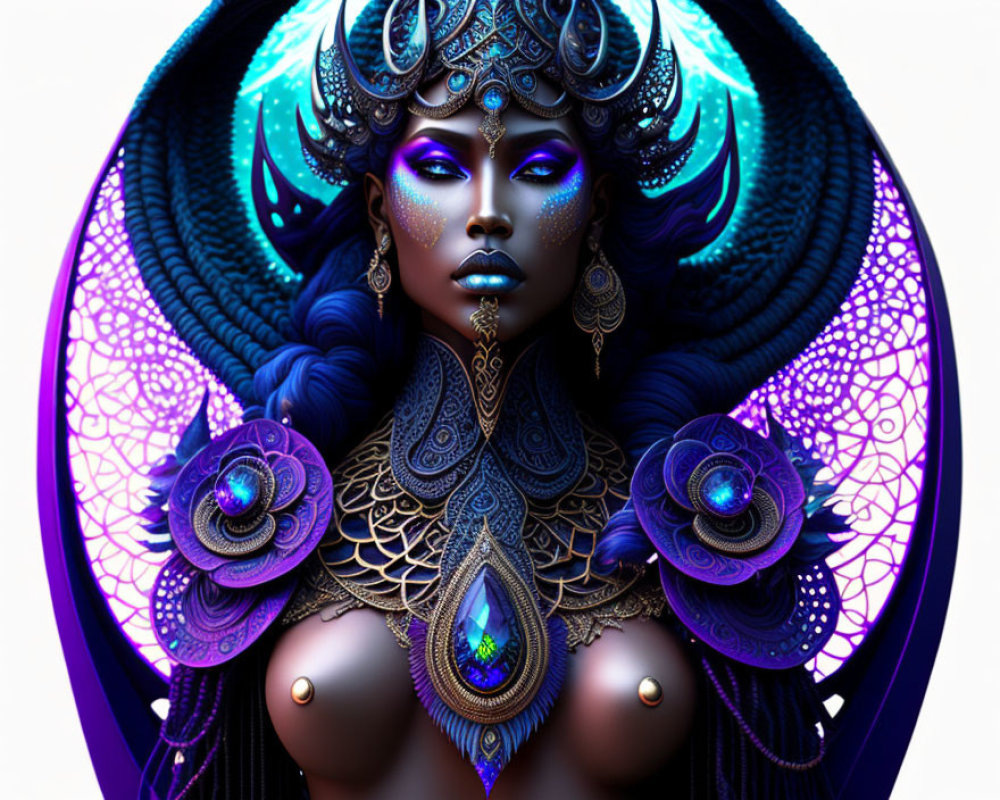 Fantasy digital illustration of female figure with blue skin and ornate headdress