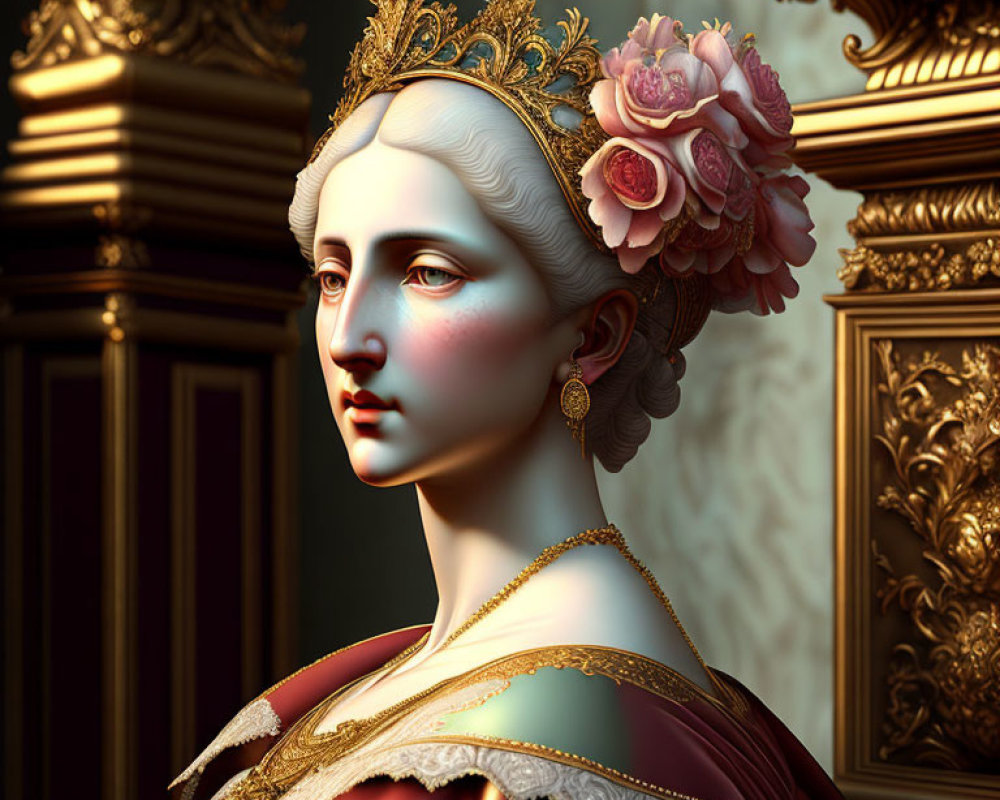 Animated regal woman in gold-trimmed red dress and crown with flower in hair