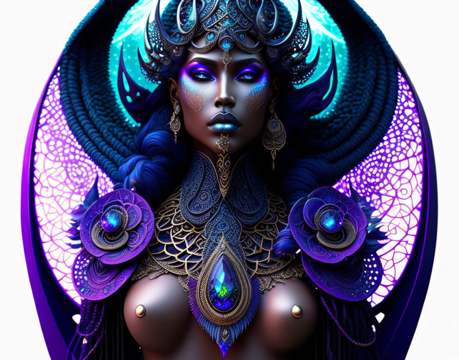 Fantasy digital illustration of female figure with blue skin and ornate headdress