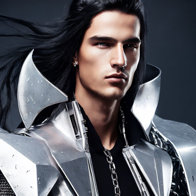 Man in futuristic silver armor with high collar and chain details.