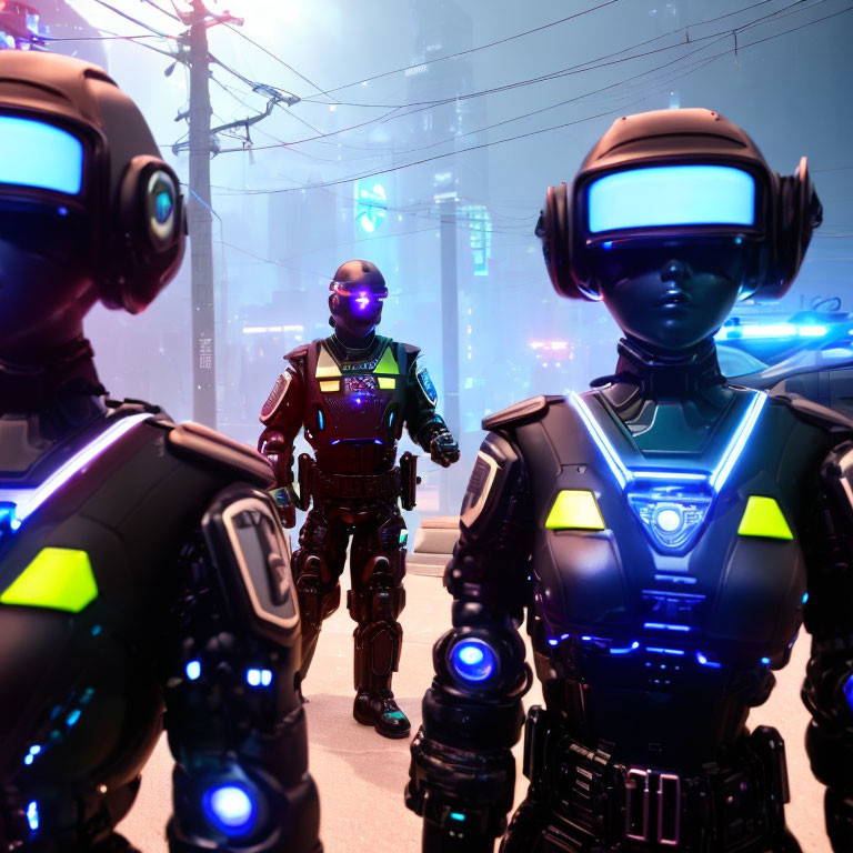 Three glowing futuristic robots in neon-lit urban alley