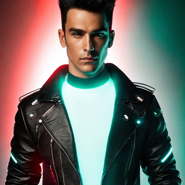 Styled Hair Man in Black Leather Jacket Against Red and Green Lights