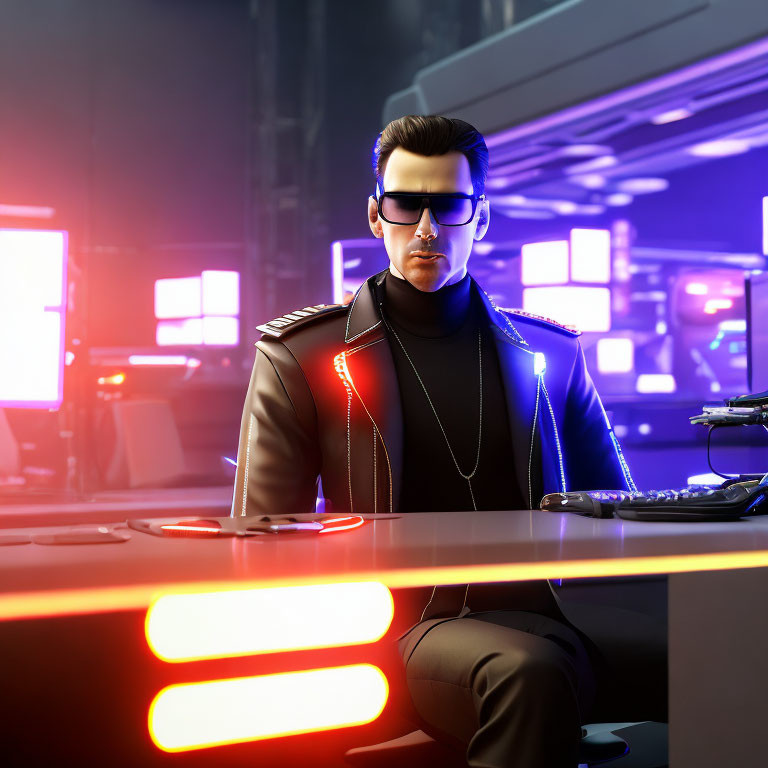 Fashionable Man in Sunglasses at Futuristic Desk with Neon Lights