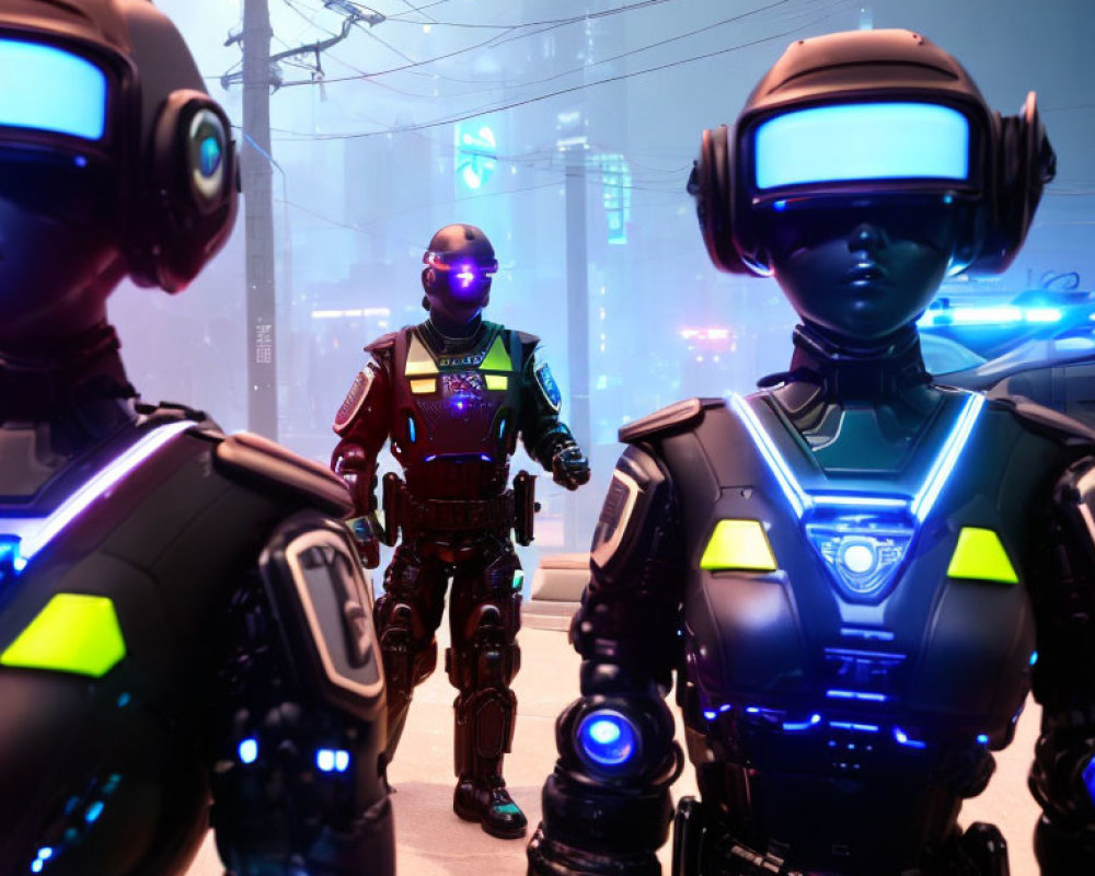 Three glowing futuristic robots in neon-lit urban alley