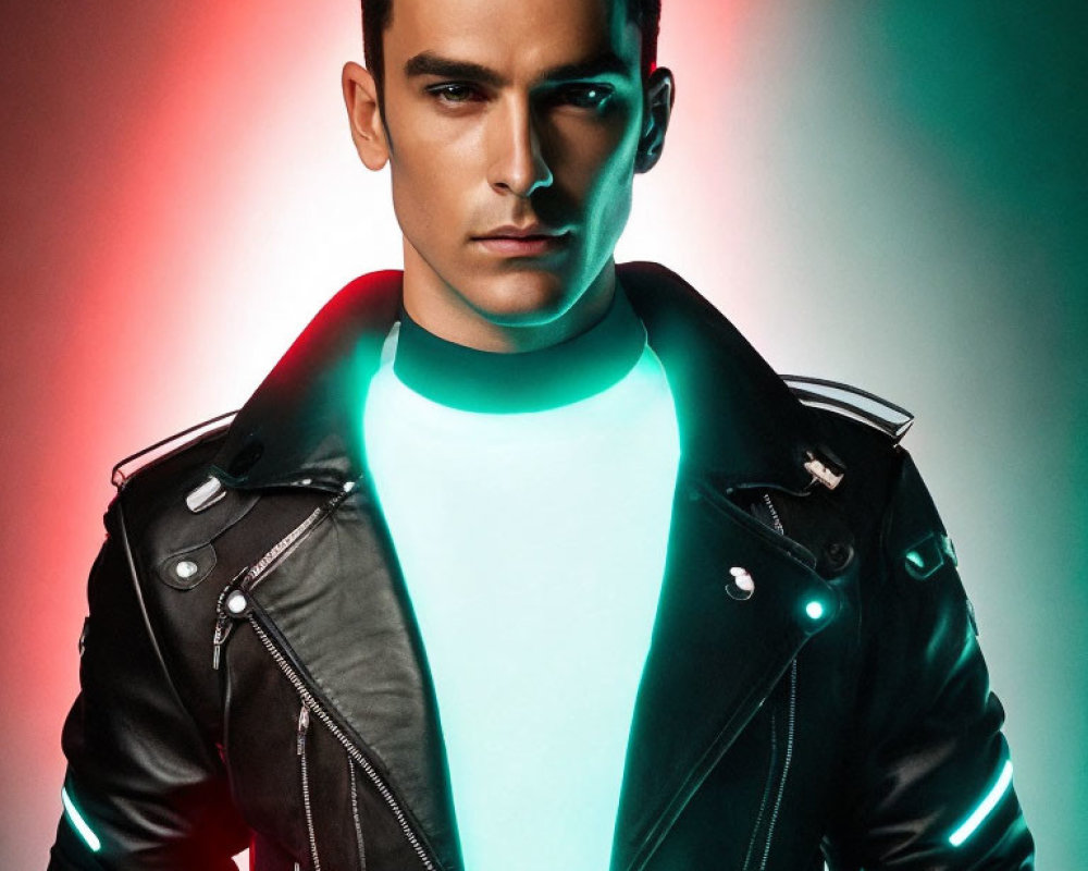 Styled Hair Man in Black Leather Jacket Against Red and Green Lights