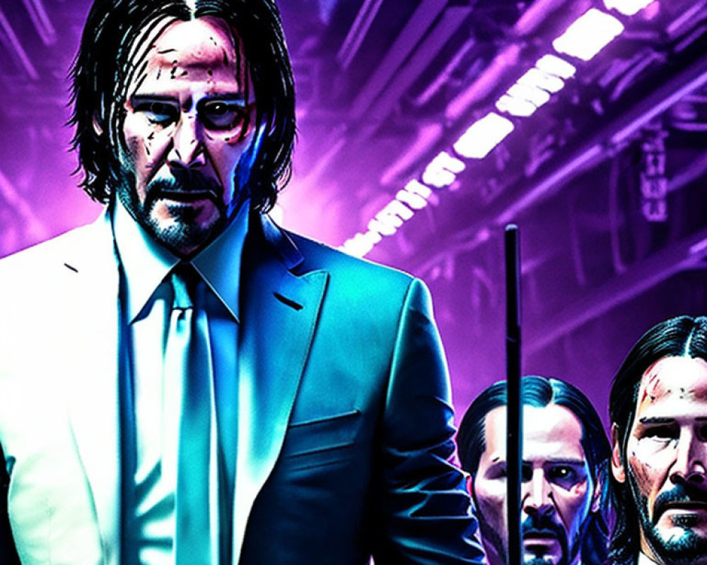 Intense man with long hair and beard in blue suit against purple neon-lit backdrop