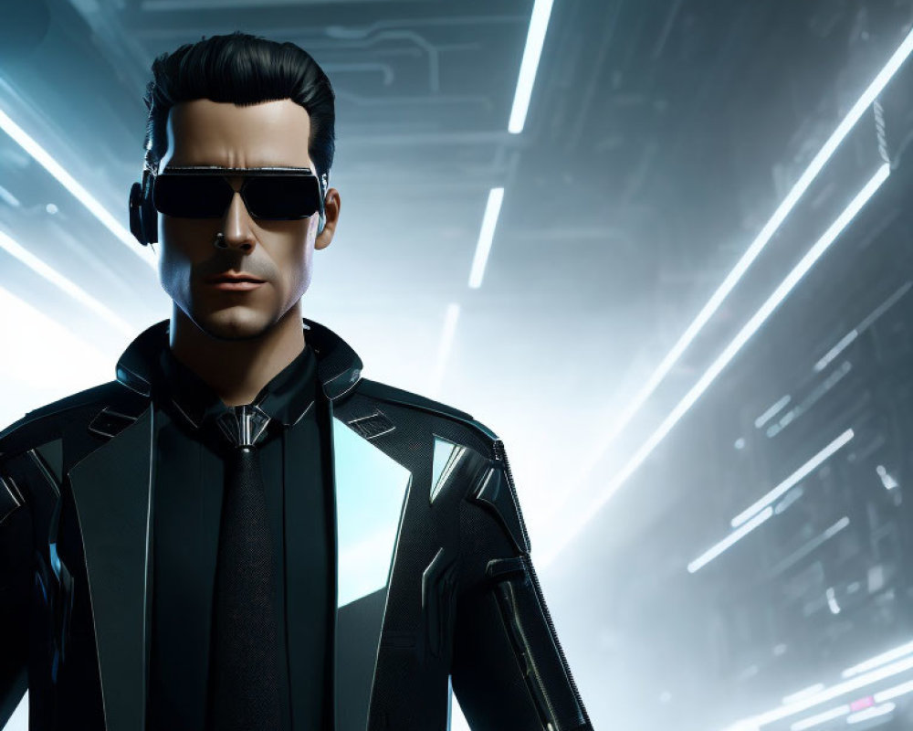 Male character in black outfit with sunglasses in neon-lit corridors