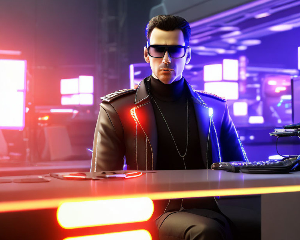 Fashionable Man in Sunglasses at Futuristic Desk with Neon Lights