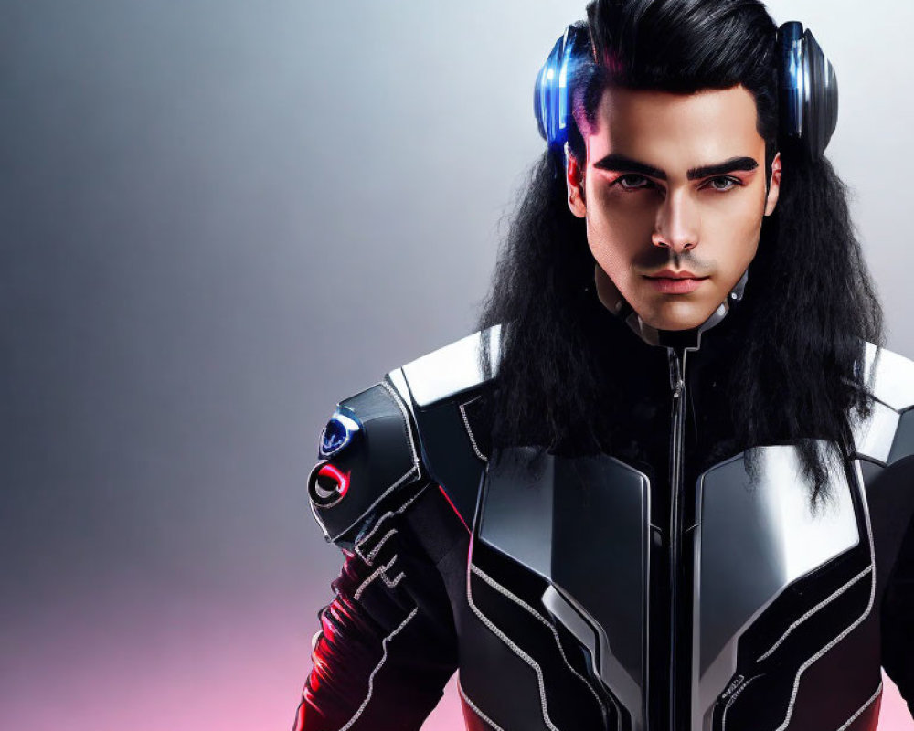 Futuristic black hair person in sci-fi suit with glowing red lines