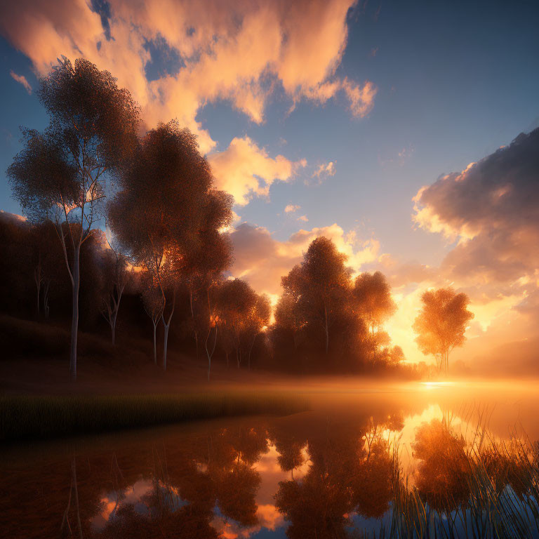 Tranquil lake at sunset with orange clouds and tree silhouettes