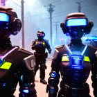 Three glowing futuristic robots in neon-lit urban alley