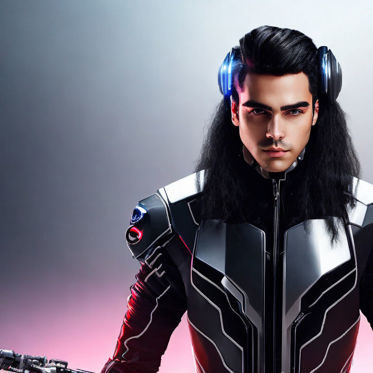 Futuristic black hair person in sci-fi suit with glowing red lines