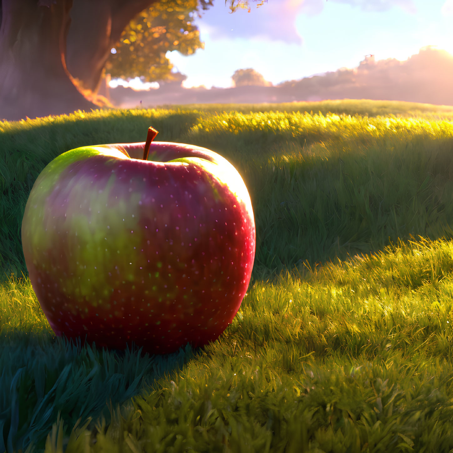 Fresh red apple with dew drops on green grass in warm sunlight.