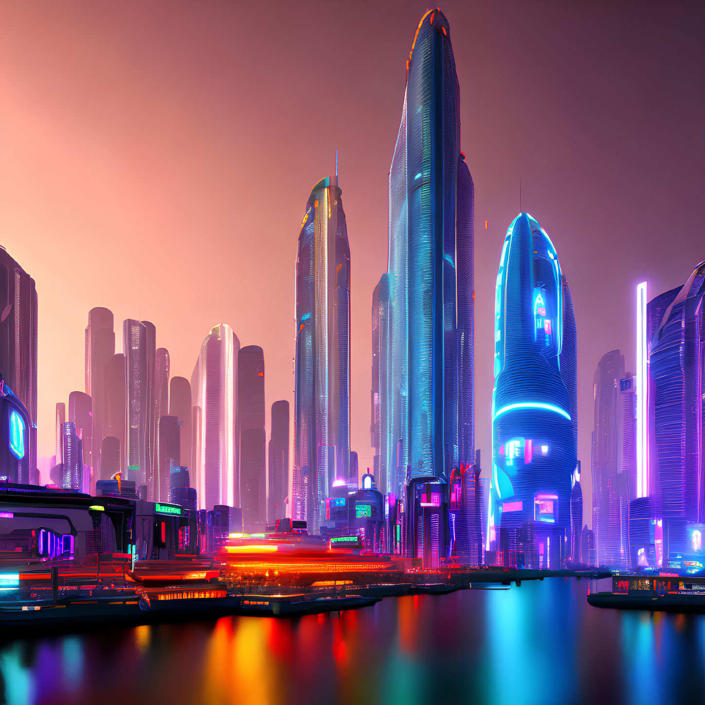 Neon-lit skyscrapers in futuristic cityscape at twilight