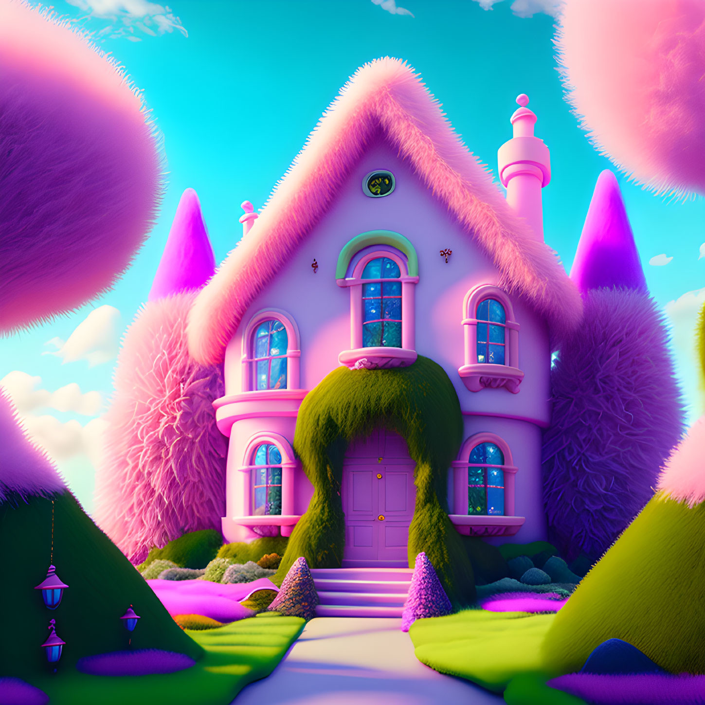 Colorful illustration of pink fluffy home in surreal landscape